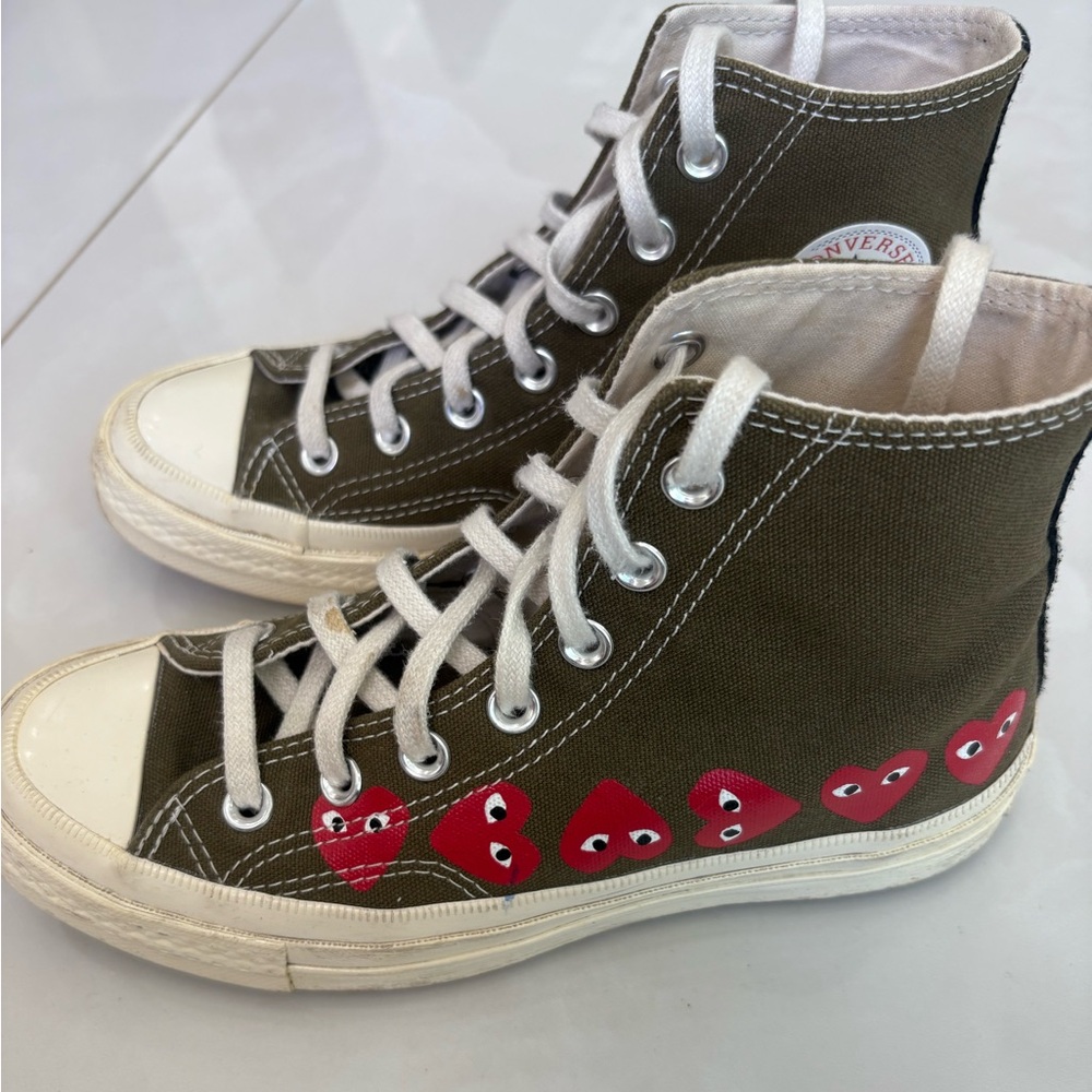 Converse X Commes des Garcons High-Top Sneakers - Olive with Red Hearts